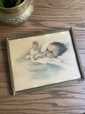 Antique Framed Print Bessie Peage Gutmann ‘Awakening’ Baby Picture Ornate Frame